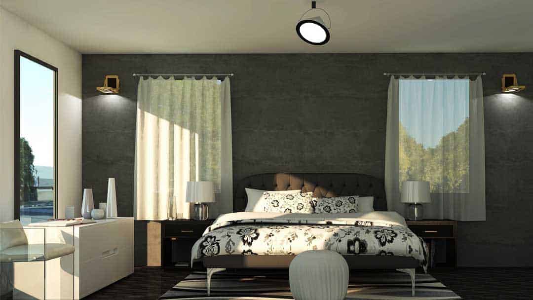 photo of a bedroom with eggshell grey paint on the walls with queen bed